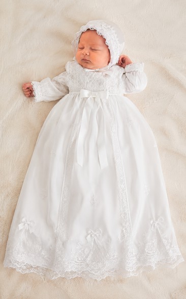 Baby Christening Gown Vintage Modest A-Line Long Sleeve Cotton Lace Floor-Length with Bonnet in White
