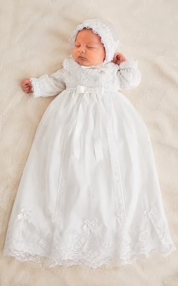 Baby Christening Gown Vintage Modest A-Line Long Sleeve Cotton Lace Floor-Length with Bonnet in White