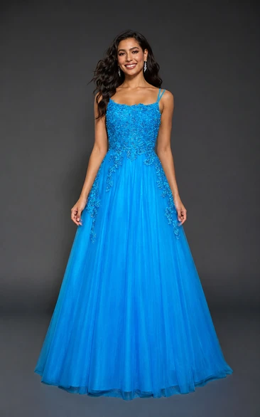 Tulle Prom Dress in Turquoise, Spaghetti Strap, Square A-Line Floor-Length Gown with Lace and Appliques