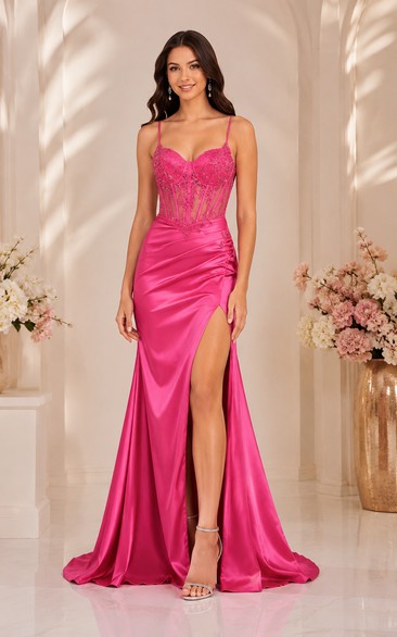 Satin Prom Dress in Fuchsia, Spaghetti Strap, Sweetheart Mermaid Sweep Train Gown with Beading and Drape