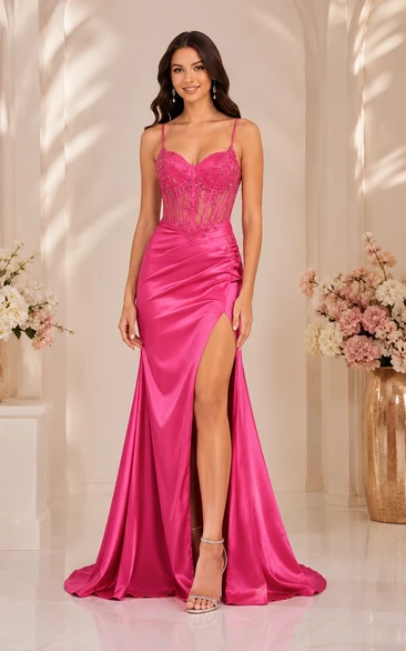 Satin Prom Dress in Fuchsia, Spaghetti Strap, Sweetheart Mermaid Sweep Train Gown with Beading and Drape