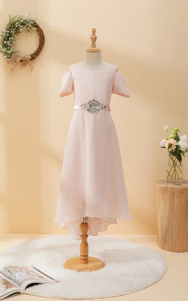 Chiffon Off-the-shoulder Spaghetti Casual Flowergirl Dress with Beaded Waist