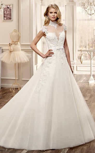 High-Neck A-Line Wedding Dress With Appliques And Illusive Neckline And Back