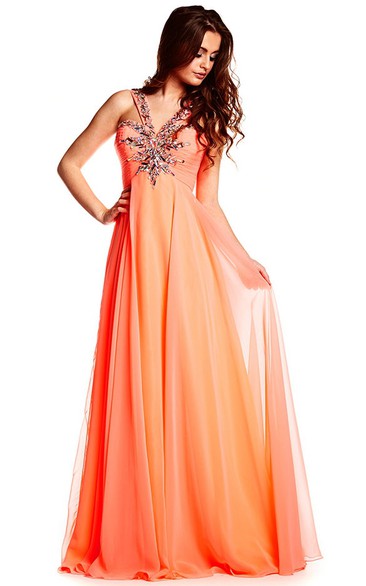 Floor-Length Sleeveless V-Neck Beaded Chiffon Prom Dress With Brush Train