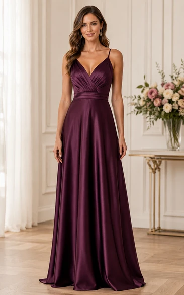Plum Satin A-Line V-Neck Bridesmaid Dress with Spaghetti Straps