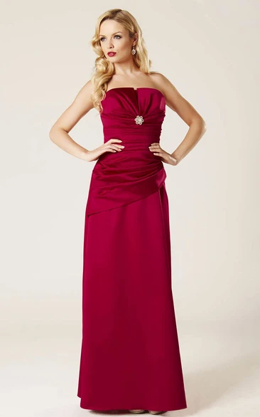 Sheath Maxi Ruched Strapless Satin Bridesmaid Dress With Broach And Corset Back