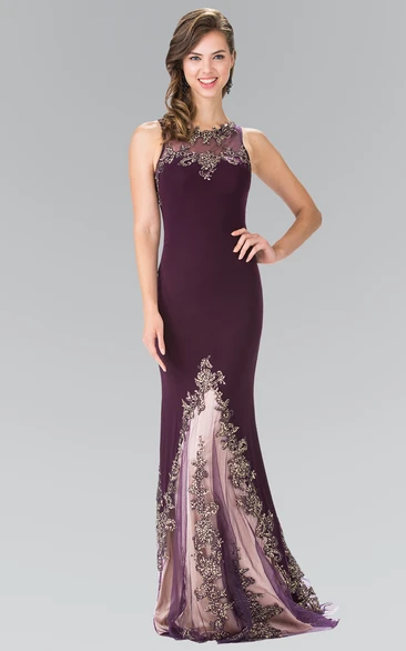 Sheath Scoop-Neck Sleeveless Jersey Illusion Dress With Appliques