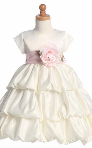 Tea-Length Tiered Cap-Sleeve Satin Flower Girl Dress