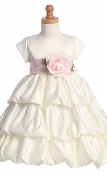 Tea-Length Tiered Cap-Sleeve Satin Flower Girl Dress