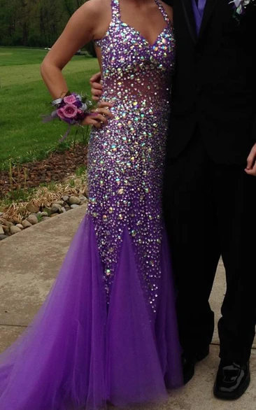 Luxurious Crystals Sequins Mermaid Evening Dress Halter Sweep Train