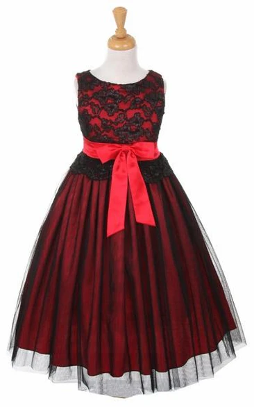 Tea-Length Sleeveless Tulle&Lace Flower Girl Dress