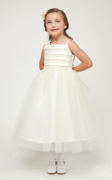 Tea-Length Split Bowed Split-Front Tulle&Satin Flower Girl Dress With Embroidery