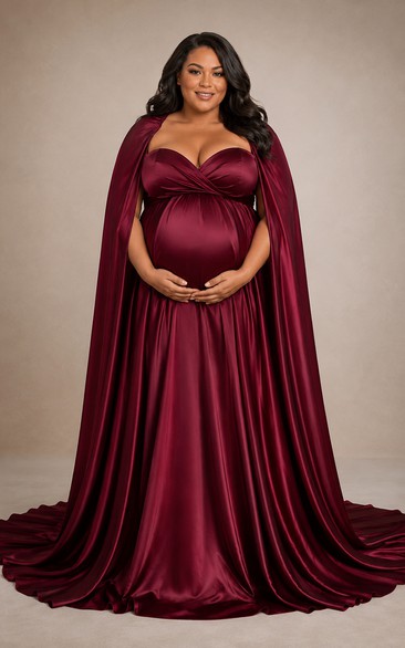 Burgundy Plus Size Satin Cape Maternity Dress