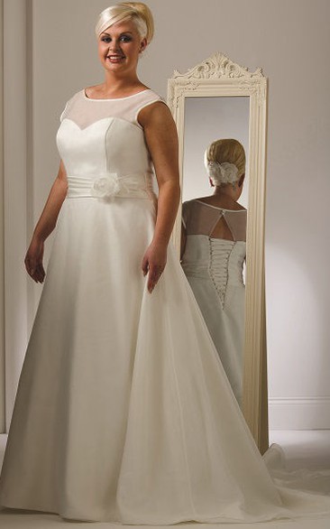 Illusion Jewel Neckline Cap Sleeve Organza Bridal Gown With Lace Up