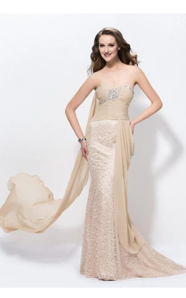 Mermaid Sweetheart Ribbon Beading Floor-Length Sweep-Train Charming Prom Dress