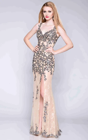 Keyhole Back Sequined Lace Prom Dress With Side Slit