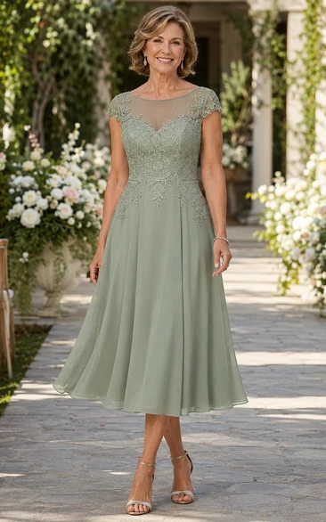 Sage Illusion Lace Tea-Length Mother of the Bride Dress