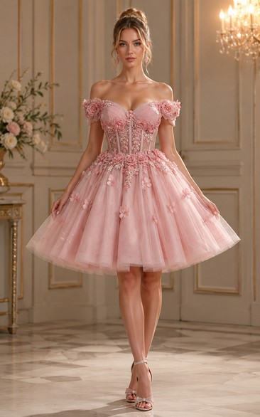 Rosa schulterfreies, geblümtes Pailletten-Minikleid