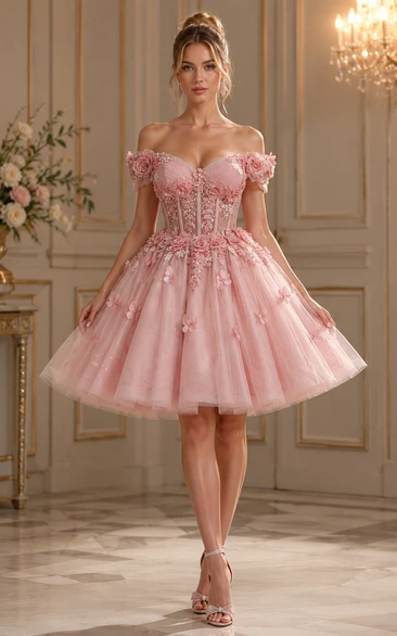 Pink Off-Shoulder Floral Sequined Mini Dress