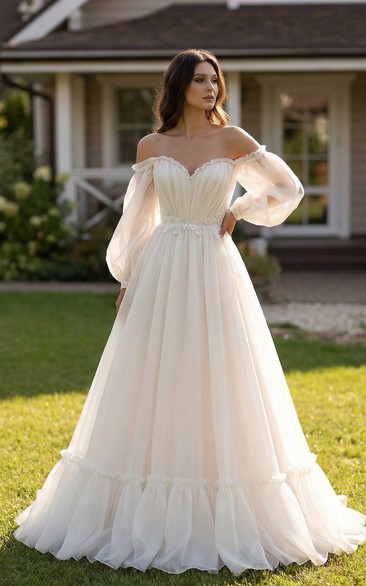 3/4 Off-Shoulder Sleeve Chiffon Wedding Dress