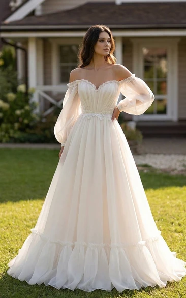 3/4 Off-Shoulder Sleeve Chiffon Wedding Dress