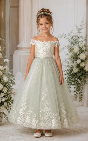 A-Line Sage Off-the-shoulder Lace Tulle Flower Girl Dress