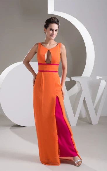 Two-Tone Floor-Length Front-Split Dress With Keyhole Design