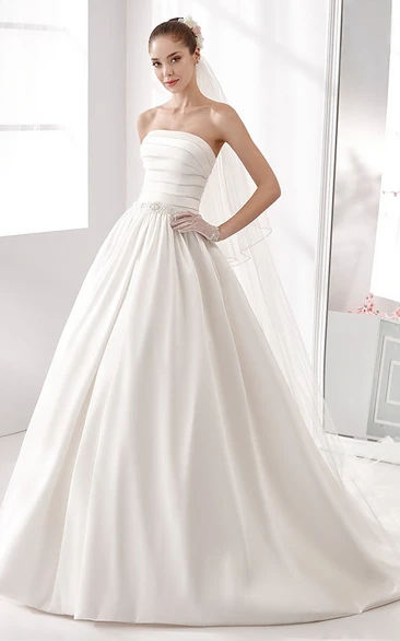 Strapless Pleating A-Line Satin Gown With Pearl Belt And Brush Train