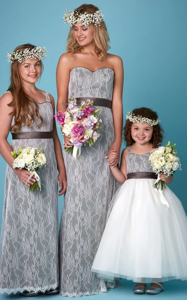 Sleeveless Sweetheart Ribboned Lace Bridesmaid Dress