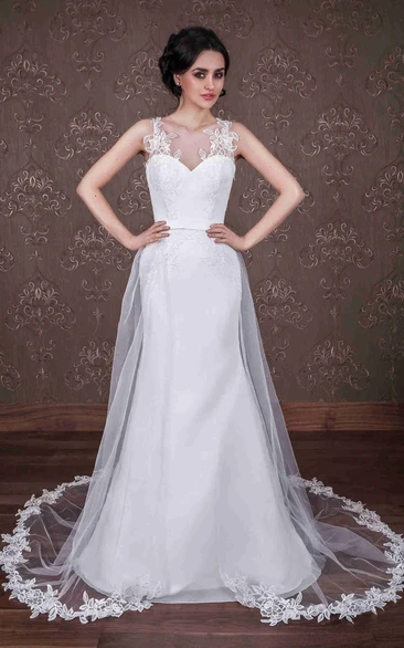 Sheath Sleeveless Scoop-Neck Floor-Length Appliqued Satin Wedding Dress