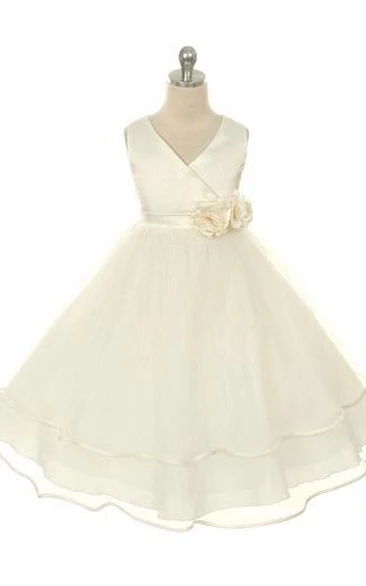 Tea-Length Tiered Tulle&Satin Flower Girl Dress