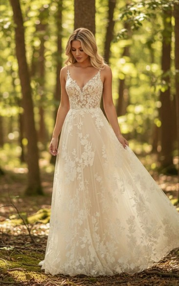 Spaghetti Country Forest A-line Wedding Dress
