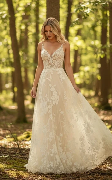 Spaghetti Country Forest A-line Wedding Dress