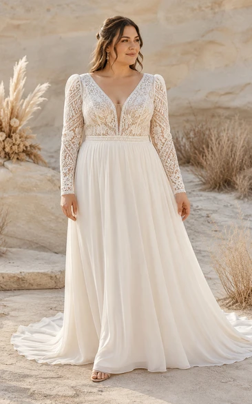 Robe de mariée grande taille empire en mousseline, coupe trapèze, col en V et manches longues en dentelle