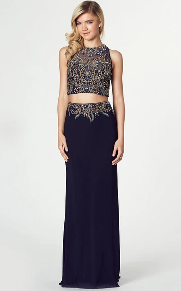 Floor-Length High Neck Sleeveless Crystal Jersey Prom Dress