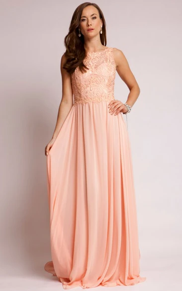 A-Line Appliqued Sleeveless Maxi Bateau Chiffon Prom Dress With Keyhole Back And Pleats