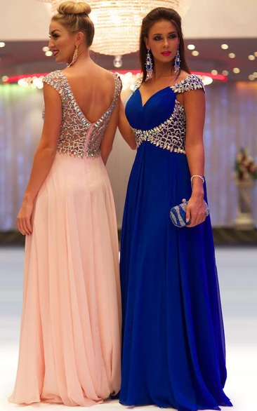 Sheath Beaded Cap-Sleeve Floor-Length V-Neck Chiffon Prom Dress With Pleats