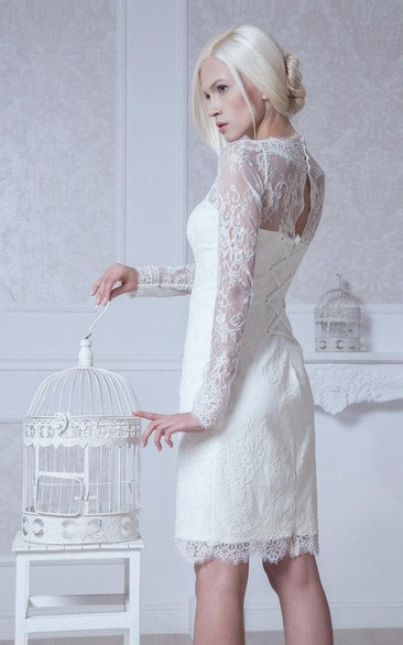 High Neck Long Sleeve Sheath Lace Knee Length Vow Renewal Dress With Keyhole Back