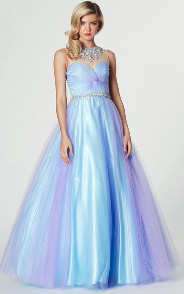 A-Line High Neck Ruched Sleeveless Tulle Prom Dress