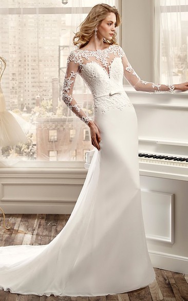 Long-Sleeve Sheath Elegant Wedding Dress With Brush Train And Back Draping