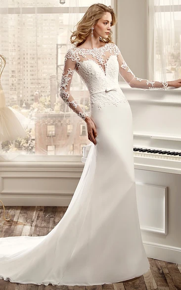 Long-Sleeve Sheath Elegant Wedding Dress With Brush Train And Back Draping