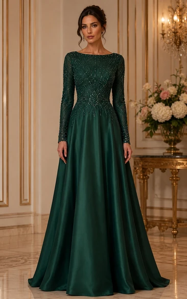 Smaragdgrünes, kristallbesetztes, langärmeliges Abendkleid aus A-Linien-Satin