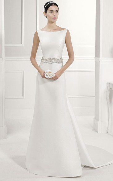 Bateau Neck Sheath Taffeta Bridal Gown With Criss-Cross Back Straps