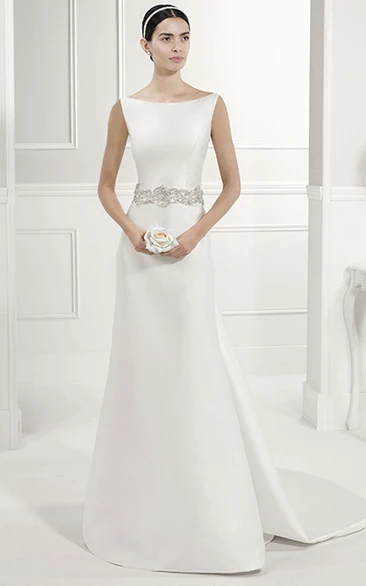 Bateau Neck Sheath Taffeta Bridal Gown With Criss-Cross Back Straps