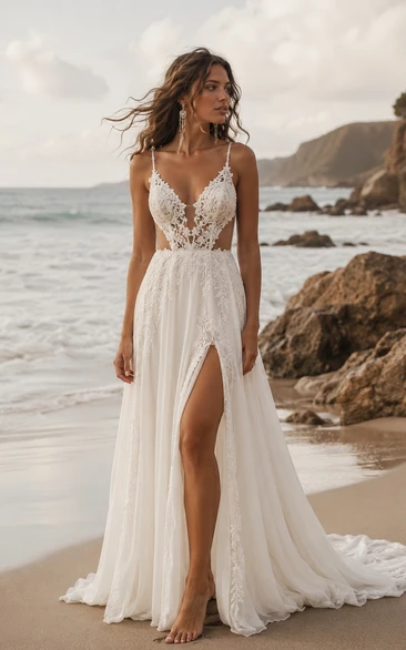 Boho Sexy Beach Wedding Dress with Spaghetti Straps, Sheer Lace Bodice, High Slit & Soft Chiffon Skirt