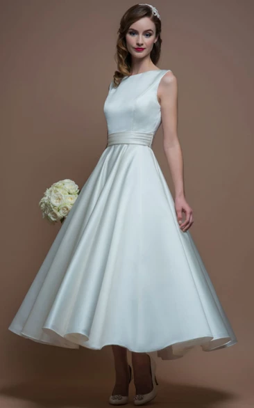 A-Line Jewel-Neck Sleeveless Tea-Length Satin Short Wedding Dress With V Back