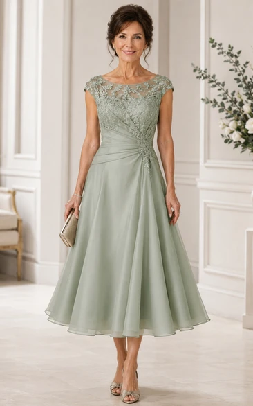Sage Tea Length Lace Mother Dress Sage Bateau Jewel A-Line Tea-length
