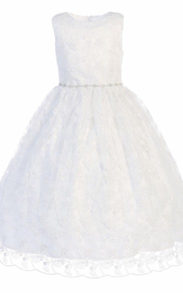 Tea-Length Tiered Beaded Tulle&Satin Flower Girl Dress