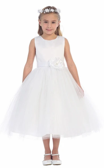 Floral Tea-Length Tiered Tulle&Satin Flower Girl Dress With Embroidery