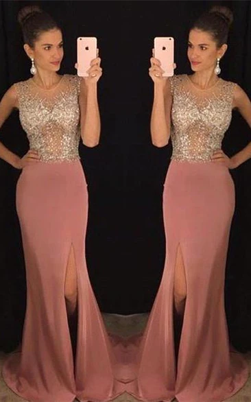 Stunning Sleeveless Crystal Prom Dresses Slit Floor Length